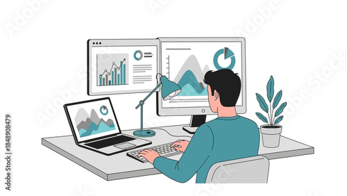 Person working at a desk with multiple computer monitors displaying charts and graphs, representing data analysis and business insights