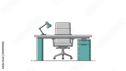Modern minimalist office desk with chair, lamp, and filing cabinet, clean and functional workspace design