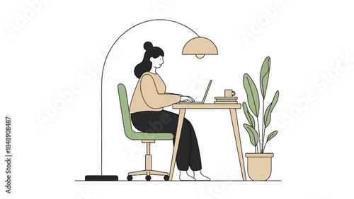 Young woman sitting at desk using laptop, working from home, illuminated by desk lamp, surrounded by office supplies and a plant