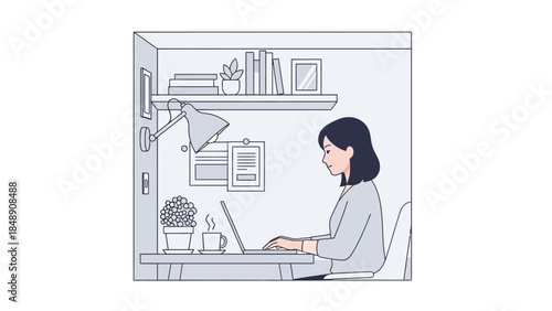 A person working on a laptop at a desk with a lamp, books, and a plant, illustrating remote work and home office setup