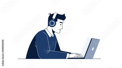 A man wearing headphones is focused on working at his laptop, depicted in a modern, minimalist blue and white illustration style.