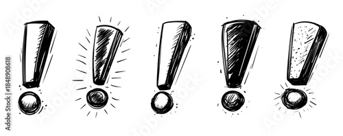 Black and white hand drawn exclamation marks in rough sketch illustration style.