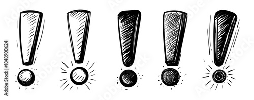 Hand drawn black and white exclamation mark symbols in expressive sketch style.