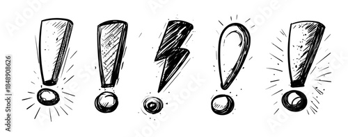 Expressive doodle style exclamation mark symbols in black and white.