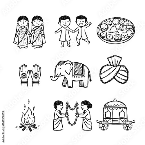 Hand drawn indian wedding couple vector doodle set featuring bride groom friends food elephant turban hands and carriage in sketch outline style for marriage graphic design