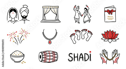 Hand drawn indian wedding couple vector doodle set with bride groom dancing mandap and shadi symbols like lotus fireworks and jewelry in sketch outline style illustration