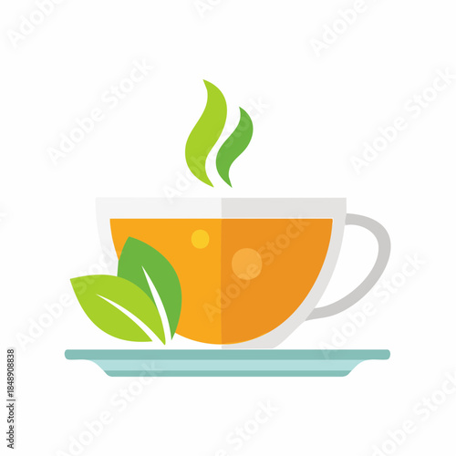Cup of Herbal Tea with Steaming Aroma and Green Leaves for Healthy Drink