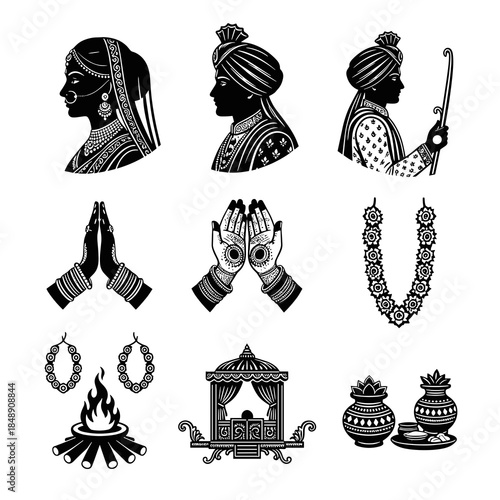 Traditional Indian wedding couple and ceremony scenes vector silhouette set. Black figures of bride groom rituals baraat pheras and dancing isolated.