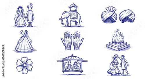Hand drawn Indian wedding couple and elements vector sketch set. Blue ink doodle of bride groom elephant and rituals isolated on white.