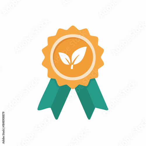Eco-friendly product badge illustration with leaves, sustainability and organic certificate seal for environment protection.