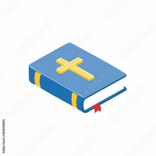 Holy Bible Book with Gold Cross Cover in Isometric View Christian Religious Holy Text Spiritual Faith Symbol Belief