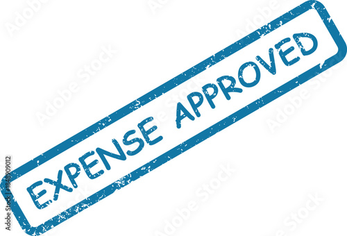 A blue textured rubber stamp imprint states EXPENSE APPROVED diagonally across a crisp white background