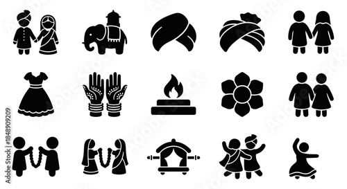 Indian wedding couple and traditional marriage ceremony symbols vector icon set. Black silhouette pictograms of bride, groom, elephant, rituals, and celebration objects isolated.