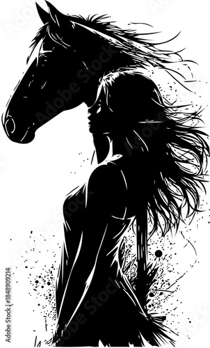 Elegant Silhouette of a Woman and Horse in a Dynamic Splatter Art Style