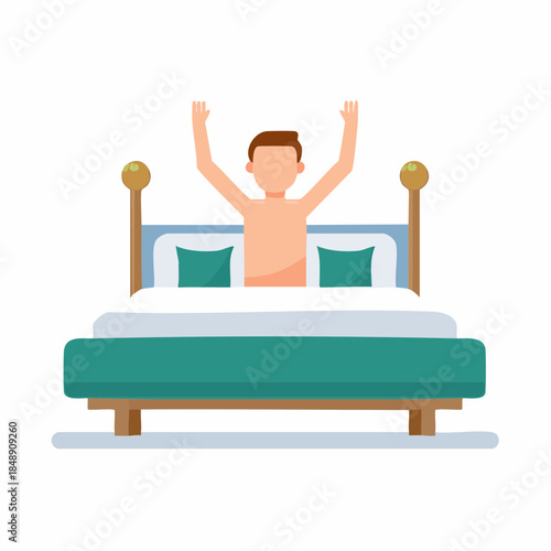 Morning Stretch in Bed: Cartoon Man Wake Up with Arms Raised in Bedroom