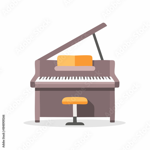 Flat Vector Illustration of a Brown Grand Piano with Bench for Music Composition and Keyboard Performance