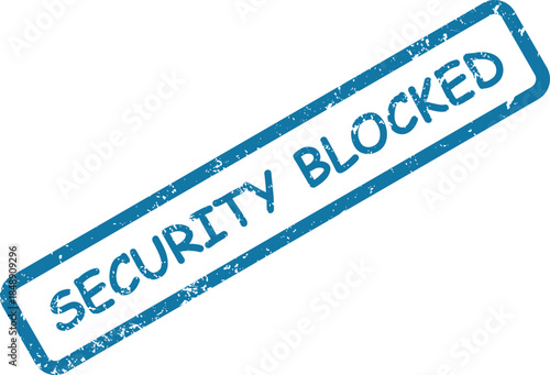A blue textured rubber stamp mark stating SECURITY BLOCKED appears diagonally on a clear white surface