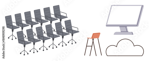 Rows of gray office chairs alongside a computer monitor, high stool, and cloud element. Ideal for teamwork, workspace, technology, collaboration, creativity remote work minimalism. Simple flat