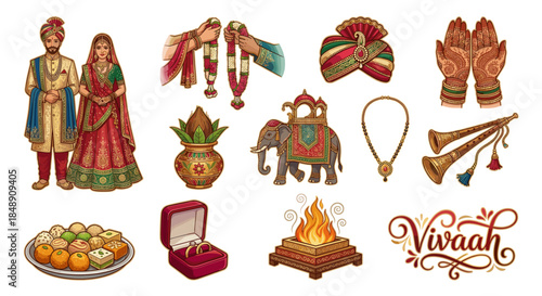 Traditional Indian wedding couple and cultural ceremony elements vector illustration set. Colorful drawings of bride, groom, rituals, jewelry, food, and instruments for invitation.