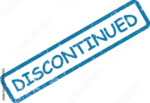 A blue vintage style rubber stamp with the bold uppercase word DISCONTINUED inside a rectangular box