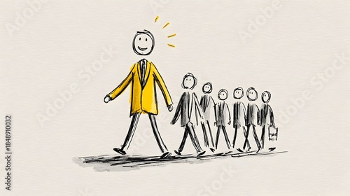 Business character leading others while walking ahead