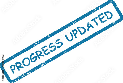 Distinct blue rubber stamp displaying the important words PROGRESS UPDATED with a weathered effect