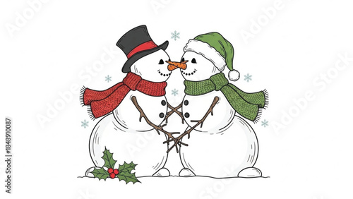 Cute Snowman Couple Kissing Christmas Illustration Winter Love Characters Isolated on White