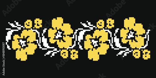 Yellow and white floral seamless ornament on dark background, inspired by Poltava region Ukrainian embroidery motifs