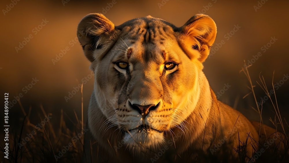 Fototapeta premium Lioness emerging from shadows into golden sunset light