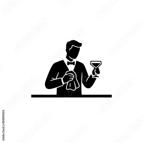 Bartender polishing glass calm focus silhouette vector illustration