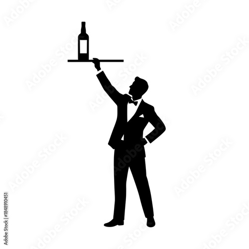 Bartender mid reach bottle silhouette vector illustration