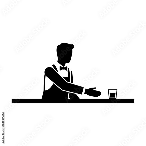 Bartender passing glass across bar silhouette vector illustration