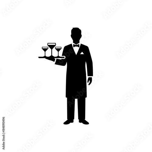 Bartender holding service tray silhouette vector illustration