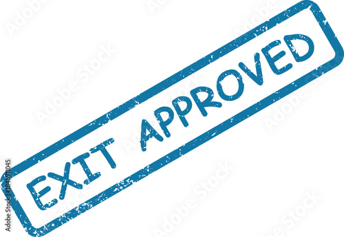 Prominent blue grunge rubber stamp explicitly stating EXIT APPROVED diagonally on a clean white field