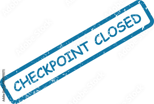 Prominent blue rectangular rubber stamp displays CHECKPOINT PASSED on a pure white background surface