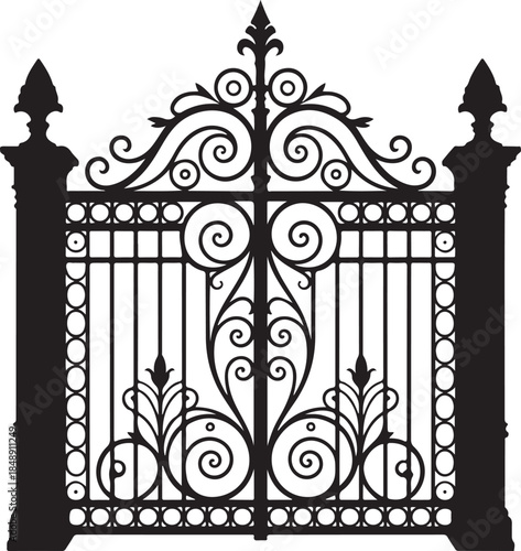Ornate Black Iron Gate Vector Graphic with Floral Patterns and Decorative Elements for Architectural Design