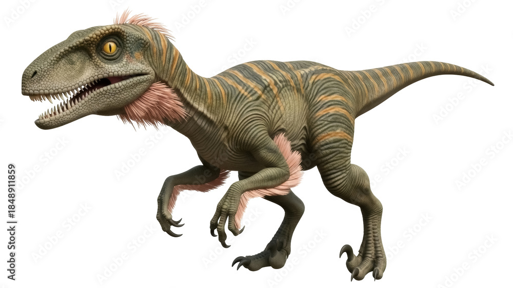 Obraz premium Isolated feathered dinosaur raptor running, prehistoric animal concept, wildlife predator