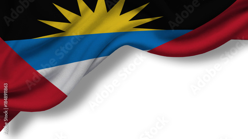 The flag of Antigua and Barbuda features a rising sun, blue sea, and red background. The design emphasizes the country’s identity and colors representing its heritage.