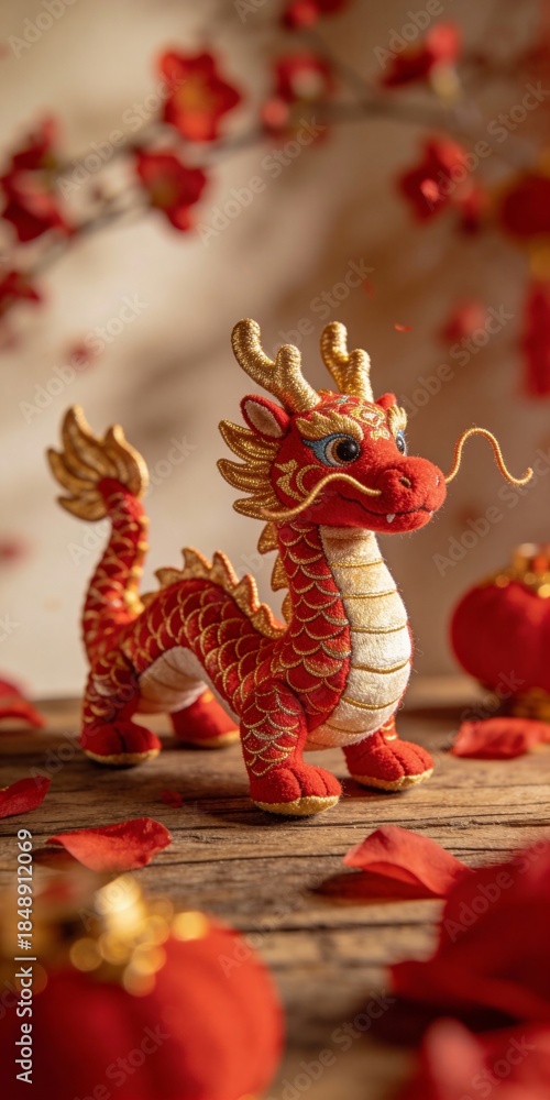 Fototapeta premium Vibrant red dragon figurine with gold accents on wooden table