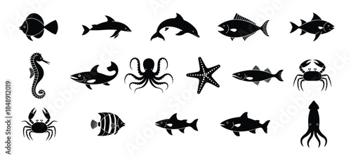 Marine animals silhouette icon set, ocean wildlife fish dolphin octopus crab starfish vector collection for logo, web, print design