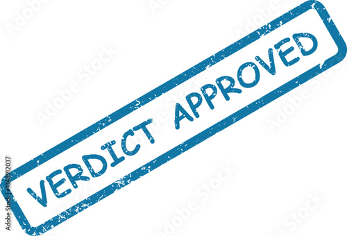 Textured blue rectangular stamp displays the words Verdict Approved on a crisp white backdrop