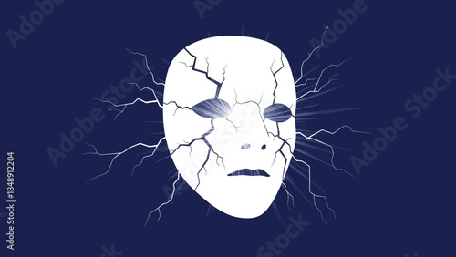 Cracked White Mask with Lightning on Dark Blue Background