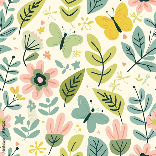 Seamless floral vector pattern with stylized spring flowers, leaves and butterflies in soft green palette, playful botanical background for fabric, wallpaper and packaging