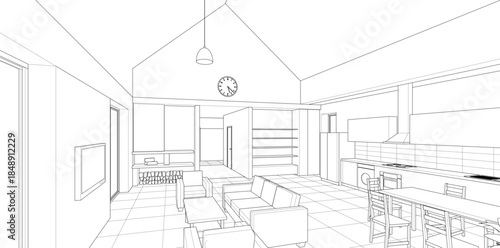 interior kitchen living room 3d illustration	
