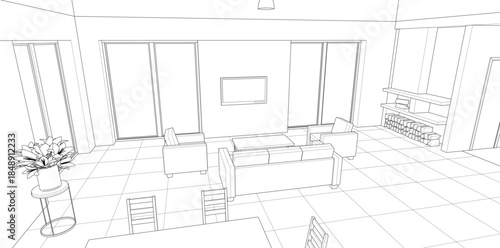 interior kitchen living room 3d illustration	
