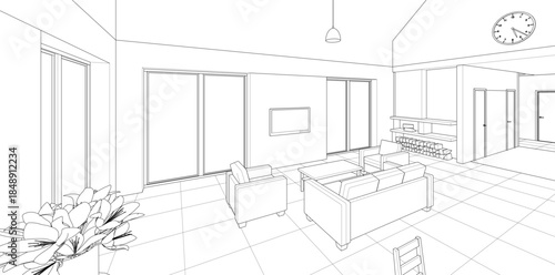 interior kitchen living room 3d illustration	
