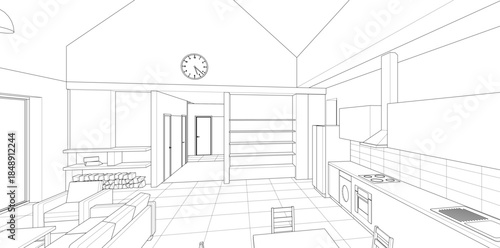 interior kitchen living room 3d illustration	
