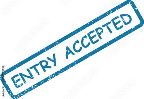 Textured blue rubber stamp displays the words entry accepted on a clean white surface