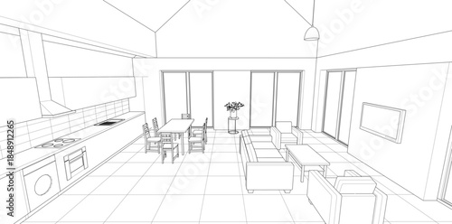 interior kitchen living room 3d illustration	
