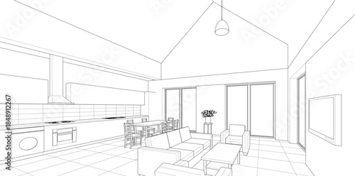 interior kitchen living room 3d illustration	
